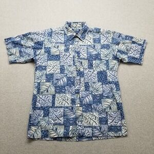 ONO‎ Shirt Mens Large Blue Hawaiian Floral Button Up Short Sleeve 100% Cotton